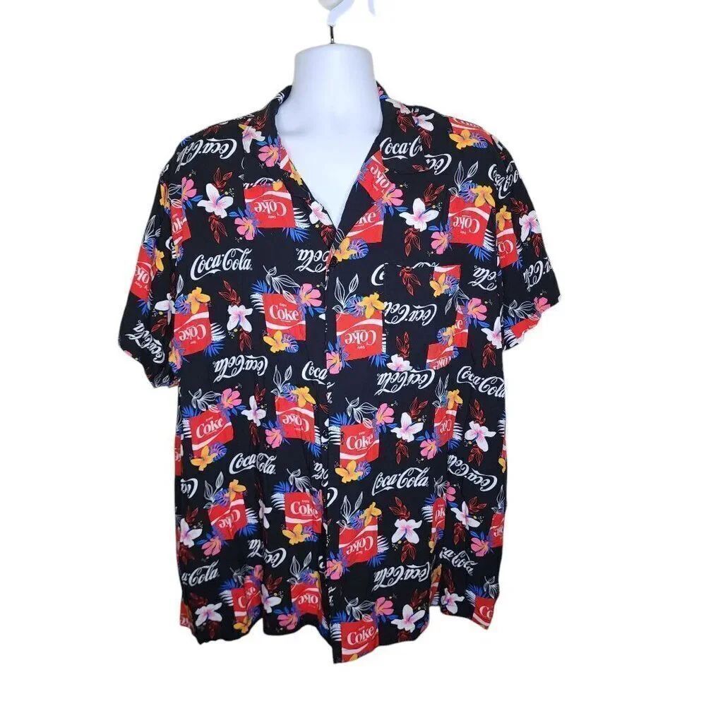 NEW Coca Cola Hawaiian Button Up Rayon Shirt Tropical Floral Mens XXL Black